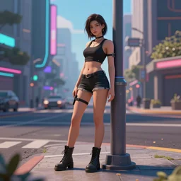 a woman standing next to a pole in a city, cyberpunk art by Ilya Kuvshinov, cgsociety, photorealism, 2d game art, official art, daz3d