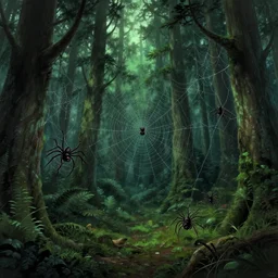The Spider Thicket is a dense coniferous forest northwest of the Orkland. Spiders, spiderwebs, creepy, spooky, anime, lush trees, a fantasy digital painting by Greg Rutkowski and James Gurney, trending on Artstation, highly detailed