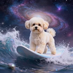 a cream-colored Havanese dog surfing on top of a cosmic wave of iridescent energy, with a background of gorgeous nebulas and galaxies Rutkowski, 4k, masterpiece