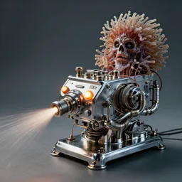 airbrushed chrome machine flawed spewing wires, bright buttons, powered by grue haired sea anemone neon piping alex ross, richard m powers, kelly freas fine art masterpiece baked at 3 0 0 f, matte painting, cold lighting, aged with sunlight, award winning horror, photorealistic render, cinematic
