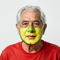 an elderly man wearing a mask made from avocado, bold natural colors, national geographic photography, masterpiece, 8 k, raw, unedited, symmetrical balance