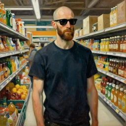 jan van eyck style oil painting of slim tall bald man with sunglasses and a beard wearing a t - shirt in a busy supermarket