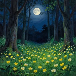 Buttercup forest at night, moonlight, Greg Rutkowski, Pablo Picasso, hyperrealism