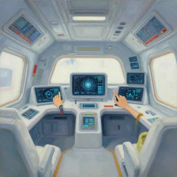 a still life painting, spaceship interior, centered perspective, bright utopian retrofuturistic. touchscreens and diagnostic data. realistic expressionist in the style of noriyoshi ohrai and chris ware