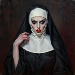 hyperrealistic artnouveau dark scary portrait oil painting of a seducing evilish vampire nun patrick mahomes!!!!! fine delicate details dark and blurry colors in style of michael hussar and alexandermcqueen