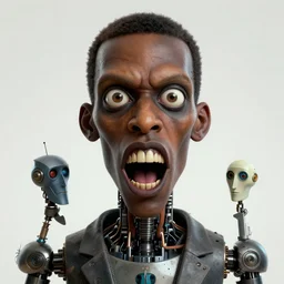 a highly detailed expressionist portrait of a psychopath 🧔🏿♂ with crazy eyes and big mouth, beeple, rene magritte, e. a. seguy, artgerm, concept art, sharp angles, robot, octane render, 8 k, unreal engine