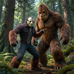 jason voorhees fighting bigfoot in the forest, landscape, unreal engine art, hyper realistic
