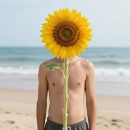 man with a sunflower for a head standing on the beach