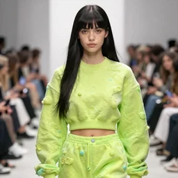 olivia at the new york fashion week, wearing an outfit made of nickelodeon slime, black hair, freckles, pale skin, photo by greg rutkowski, harsh shadows, bright lighting, female beauty, intricate detail, elegance, sharp shapes, masterpiece