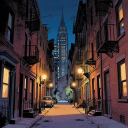 a beautiful night landscape of back alley, new york, digital comic art