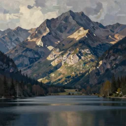 lakeside mountains, as a constructivist painting