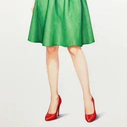 highly detailed portrait of a girl with 1 3 legs with red high heels, green dress, 1 9 5 0 illustration, paper collage, typography, caligraphy, golden and fire colors, art by leonardo da vinci, handmade, behance, art station, chemicals, drug related, blue palette, 8 k