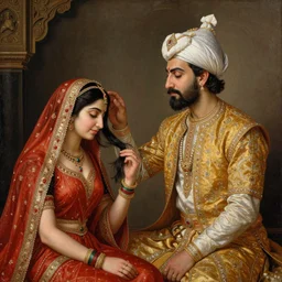 mughal painting of a mughal ruler touching a lock of hair of a lady, extremely detailed and beautiful work, british museum