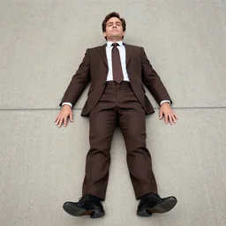 Andy Richter is wearing a chocolate brown suit and necktie. Andy is lying flat on a concrete ground. Ariel view.