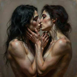 portrait painting of dark muscular women kissing, ultra realistic, concept art, intricate details, eerie, highly detailed, photorealistic, octane render, 8 k, unreal engine. art by artgerm and greg rutkowski and alphonse mucha
