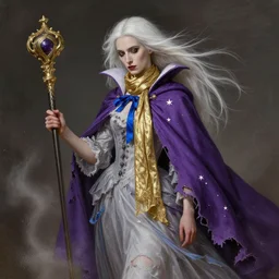 a vampire with long light white hair and a gold scarf, windy, blue ribbons, purple torn cape, stars, melancholic, modern maximalist fashion dress, is ( ( holding a staff ) ). light dust, magnificent, hyperdetailed, theatrical, painted by jean honore fragonard and greg rutkowski