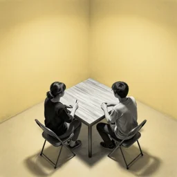 an over head view : : of 2 people sitting across from each other at a bare square table : : in a bare room with four walls : : the table is wood : : the chairs are folding chairs : : the walls are a dull yellow with shadows respective to over head lighting from a single source, matte painting, black and white, pencil drawing, 8 k