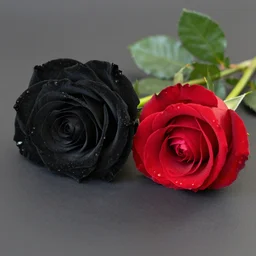 A black rose next to a red rose, realistic
