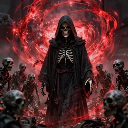 a dark robed skeletal figure, with face covered by a hood, behind zombies, with swirling red magic, hd, digital art, photorealistic, by anson maddocks