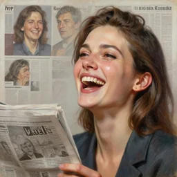 3 d, close - up, laughing fashion model looking up, newspaper, tears, poster art, intricate oil painting, high detail, figurative art, multiple exposure, poster art, 3 d, by stanley kubrick and tooth wu and wlop and beeple