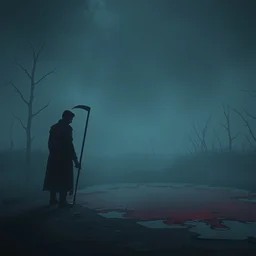 a man standing next to a pool of blood, cool horror, gritty, dismal, creepy, spooky, ominous, eerie, ghostly, macabre, morbid, scythe, pitch black, by greg rutkowski, unreal engine 4 k, artstation