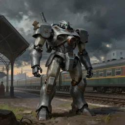 russian revolution 1 9 1 0, a russian mecha, train station in summer, matte painting, evening, after the storm, drama, by by simon stalinhag and blomkamp, artstation
