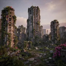 highly detailed octane render of the ruins of an abandoned metropolis covered in flowering vines at twilight