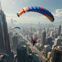 enormously detailed photo art of parachutes flying on cyberpunk city, high fantasy matte painting, atmospheric lighting, highly detailed illustration highlights, 8K detail post-processing, featured on DeviantArt, trending on cgsociety