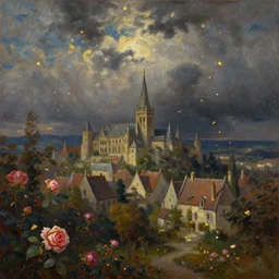 breathtaking oil painting with palette knife, a medieval village landscape in luxurious nature, with intricate art nouveau moody dark tumultuous clouds, at dawn with roses and golden petals flying, rembrandt style, concept art, matte, palette knife painting, by georgia hart,