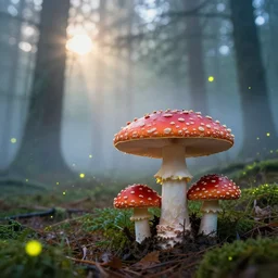misty pine forest floor, mystical, amanita muscaria mushrooms dripping with mist, firefly's swarming, sun shining through the tree canopy, dreamy colors, photorealistic, landscape photography, beautiful, 4 k, trending on artstation, serene, bliss, closeup, macroscopic