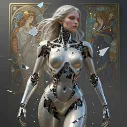 ultra realistic, cyborg woman broken and shattered into pieces, cyberpunk, sci-fi, fantasy, intricate details, elegant, highly detailed, photorealistic, octane render, 8k, art by artgerm and greg rutkowski and alphonse mucha
