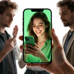 epic masterpiece of cinematographic hyperrealism where a happy woman appears using her phone the color of the phone screen is green, the background of the image is white. realistic shaded lighting poster by craig mallismo, artgerm, jeremy lipkin and michael garmash, unreal engine, radiant light, detailed and intricate environment, digital art, art station trends