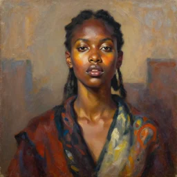detailed portrait in daring femininity, urban ethnic, statuesque, confident realistic face, warm glow, bathed in morning light, chiaroscuro, painterly, radiosity, impressionism, textiles color medley, warm earthy natural color scheme with contrasting highlights, modern fashion, contemporary art, deep rich hues, oil on canvas
