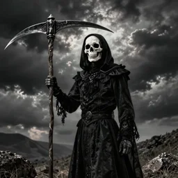 photographic image of death dressed in black and with a scythe