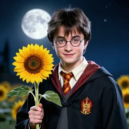 hyperrealistic portrait harry poter holding a sunflower in the background there is a beautiful full moon
