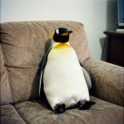 a penguin in couch, cinestill 800T film