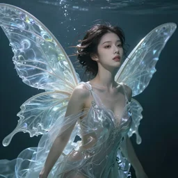 prompt portrait of a close up beautiful female fairy, translucent silky dress, fluid simulation, underwater ink env, wispy gigantic wings , hyperrealistic intricate details, asian face, by Peter Mohrbacher, trending on artstation, 8k