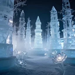 cinematic still of a massive ice sculpture forest at night with ice sculpture flowers and nature, light fog, cold ambient light, beautiful, 4 k, masterpiece,