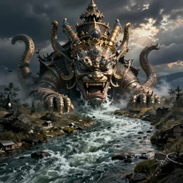 a river being swallowed by a greedy tyrant