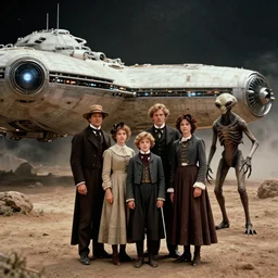 sharp, detailed, 256k film still from a sci fi blockbuster color movie made in 1990, set in 1860, of a family standing in front of a spaceship that has just landed on an alien planet, a humanoid alien creature stands nearby, the family are all wearing 1850s era clothes, cinematic lighting, good photography, sharp focus