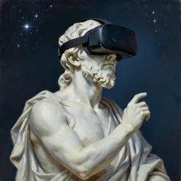 a statue of socrates wearing a vr headset and looking up towards the stars, vr headset, virtual reality, virtual reality headset, oculus quest 2, htc vive, oil painting