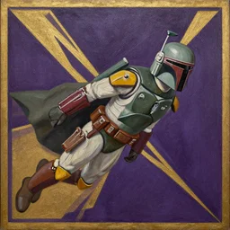 textured art deco painting of boba fett flying from bottom left to top right, muted greens and browns, geometric, gold and deep purple background with lightning bolt