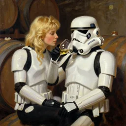 stormtrooper and hot blonde drinking wine in a cellar, romantic, cozy, inviting, detailed, beautiful, atmospheric, impressionism, painting by vladimir volegov, inspired by ralph mcquarrie