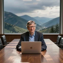 bill gates using a macbook at the end f a long meeting room table
