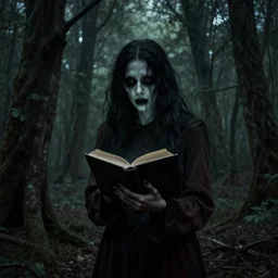 a creepy cryptic in the woods holding a book, dark horror art, scary woods