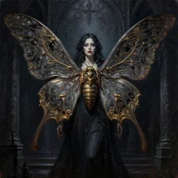 portrait of an ominous looming moth angel at a dark shrine, oil on canvas, experimental gothic style, ornate, elegant, detailed, prominent intricate wings, concept art, trending on artstation, javascript enabled