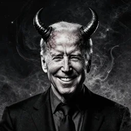 dark Joe Biden grinning emperor of the world, high contrast with devil horns, cosmic horror, abstract, masterpiece, trending on ArtStation, by Greg Rutkovski and by Craig Mullins and by David Cronenberg and by Ismail Inceoglu