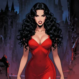 artgerm, joshua middleton comic cover art, full body pretty megan fox vampire sharp teeth, red dress, symmetrical eyes, symmetrical face, long curly black hair, dark castle background background, cinematic lighting