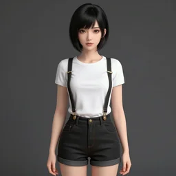 a woman with black hair and long pixie haircut in shorts with suspenders and white t - shirt, inspired by alphonse mucha, ayami kojima, amano, charlie bowater, karol bak, greg hildebrandt, jean delville, and mark brooks, art nouveau, neo - gothic, gothic, rich deep moody colors. yuka morii and