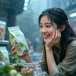 unbelievably beautiful, perfect, dynamic, epic, cinematic 8 k hd movie shot of semi - close - up girl looking at ecological food packaging with smile, expressing joy and posing in sci - fi rainy atmosphere as advertisement ad. by a chinese movie director. motion, vfx, inspirational arthouse, wlop, great comp